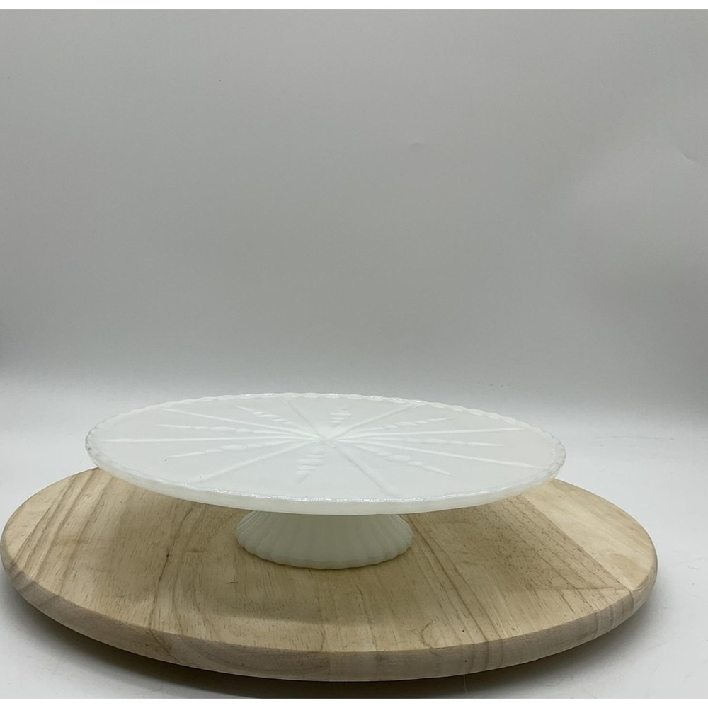 Vintage Milk Glass Cake Stand White 10 Inch Sunburst Scalloped Pedestal‎ Platter